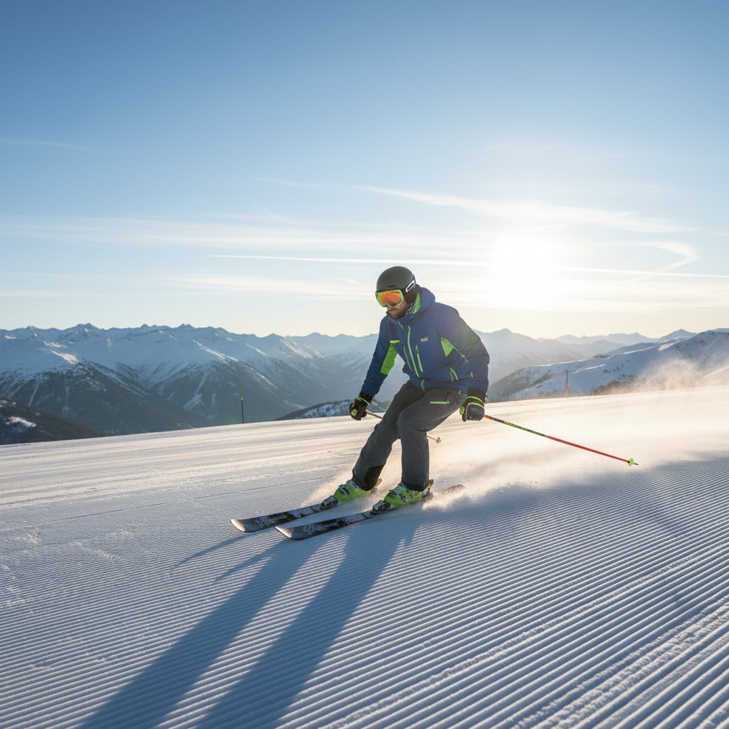 Ski instructor demonstrating proper technique on mountain slope with student